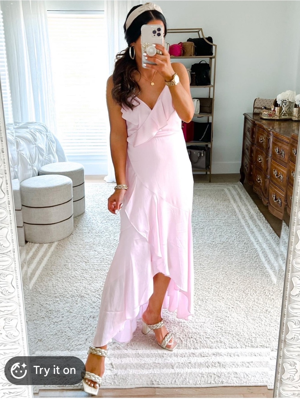 Express Light Pink Ruffle-Trim High-Low Slip Dress